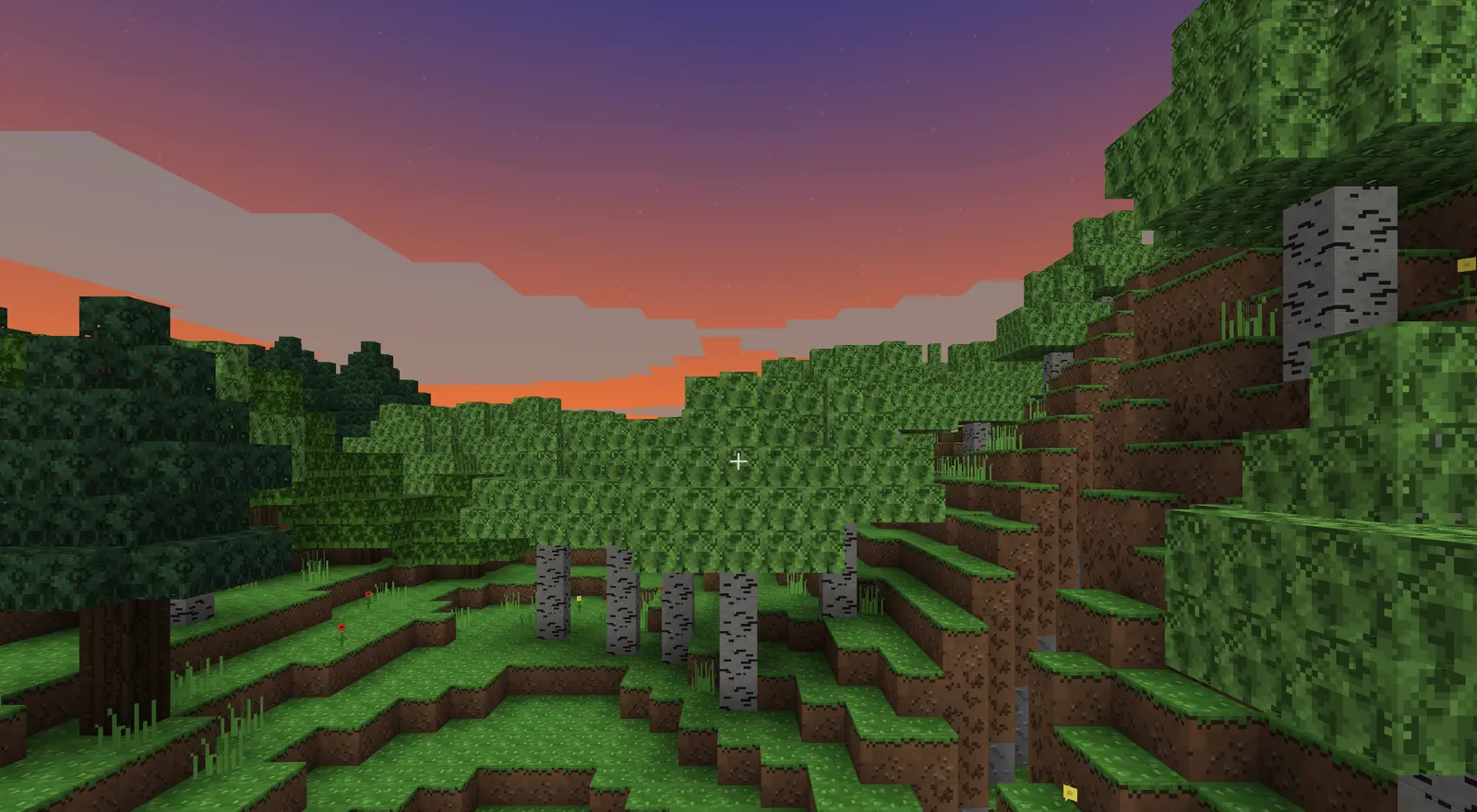 ClaudeCraft in the browser: a block-built forest valley under a sunset sky