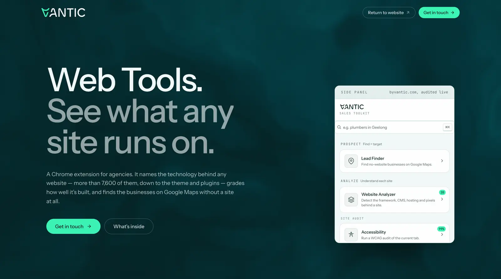 The Vantic Web Tools page, with the Sales Toolkit side panel open on Lead Finder, Website Analyzer and Accessibility